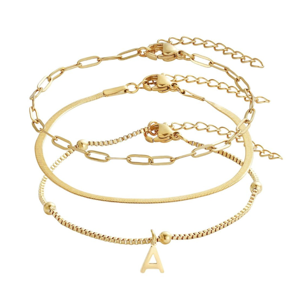 Tarnish Resistant 18k Gold Plated Set of 3 Chain Bracelets with Initial Charm