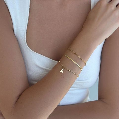 Tarnish Resistant 18k Gold Plated Set of 3 Chain Bracelets with Initial Charm