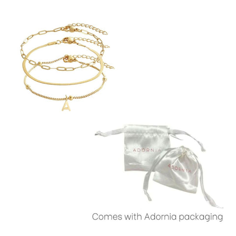 Tarnish Resistant 18k Gold Plated Set of 3 Chain Bracelets with Initial Charm