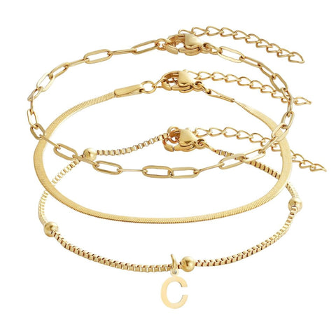Tarnish Resistant 18k Gold Plated Set of 3 Chain Bracelets with Initial Charm
