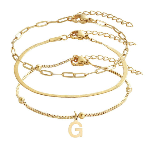 Tarnish Resistant 18k Gold Plated Set of 3 Chain Bracelets with Initial Charm