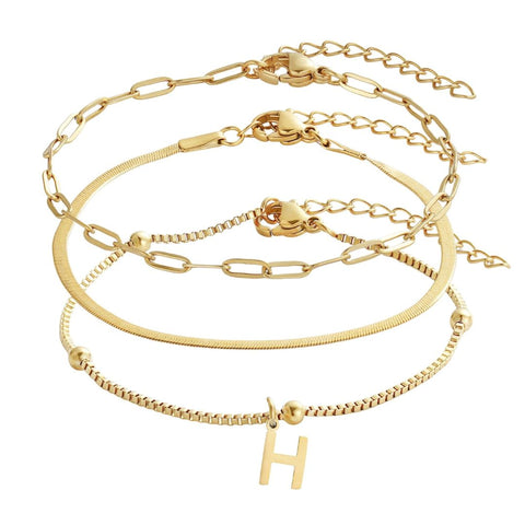 Tarnish Resistant 18k Gold Plated Set of 3 Chain Bracelets with Initial Charm