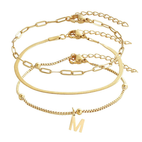 Tarnish Resistant 18k Gold Plated Set of 3 Chain Bracelets with Initial Charm
