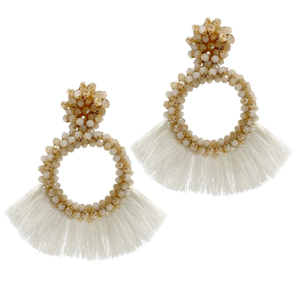 Beaded Drop Earrings with White Fringes