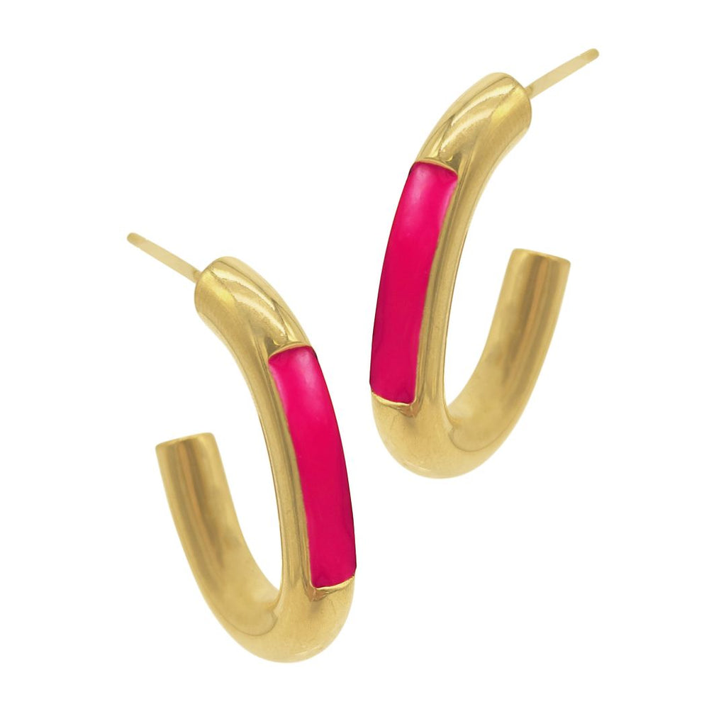 Tarnish Resistant 14k Gold Plated Oval Hoops with Pink Highlight