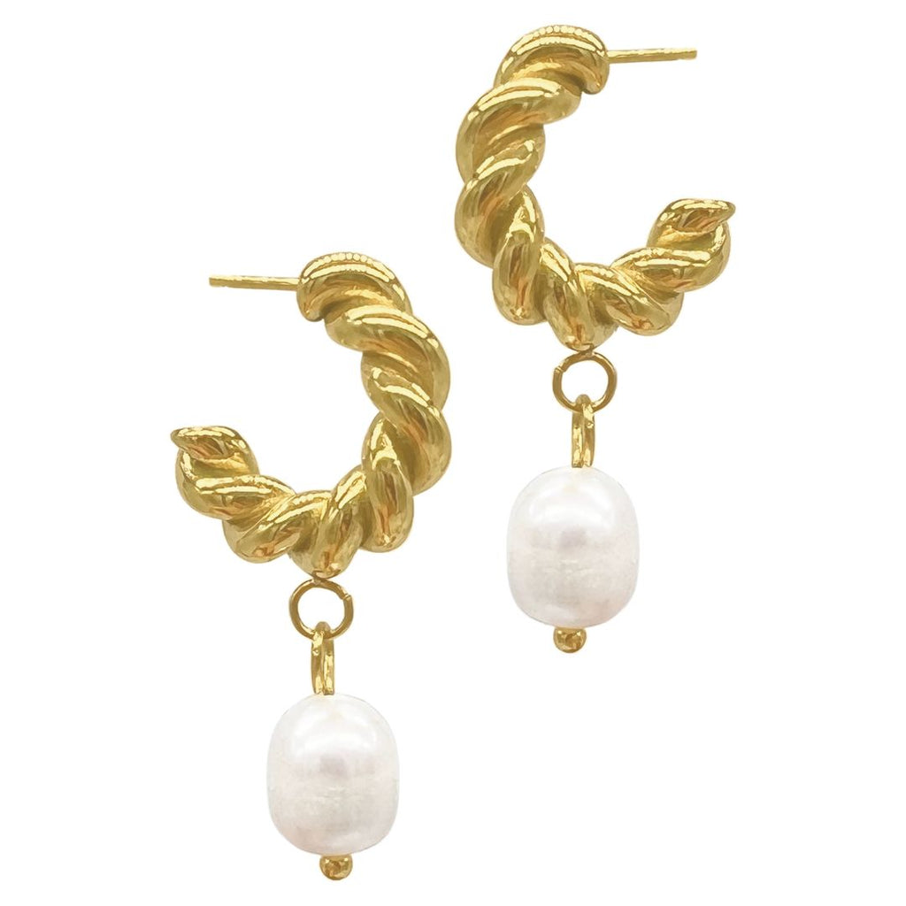 Cable Hoops with Freshwater Pearl gold