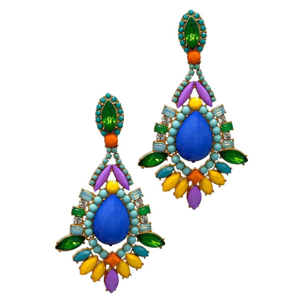 Ornate Multi Color Drop Earrings with Blue Stone
