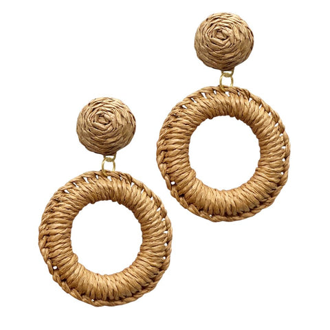 Brown Raffia Basket Weave Drop Circle Earrings