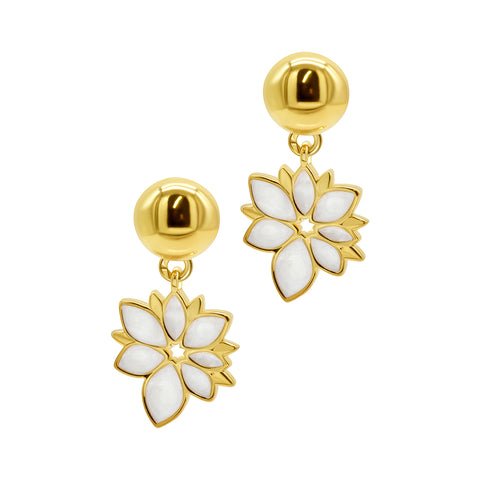 White Mother of Pearl Flower Drop Earrings gold