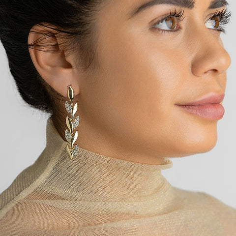 14k Gold Plated Crystal Leaf Earrings