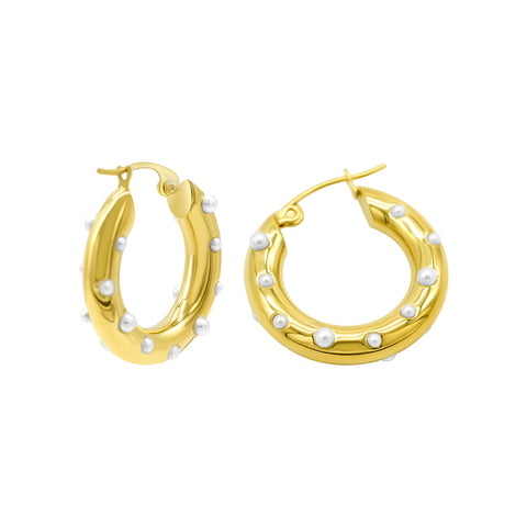 Tarnish Resistant 14K Gold Plated Pearl-Studded Hoop Earrings