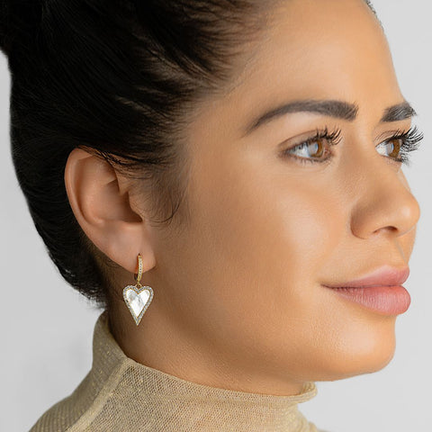 14k Gold Plated White Mother-of-Pearl Crystal Halo Heart Drop Huggie Earrings