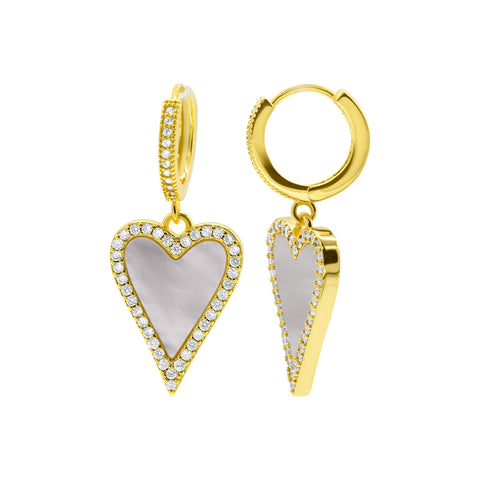 14k Gold Plated White Mother-of-Pearl Crystal Halo Heart Drop Huggie Earrings