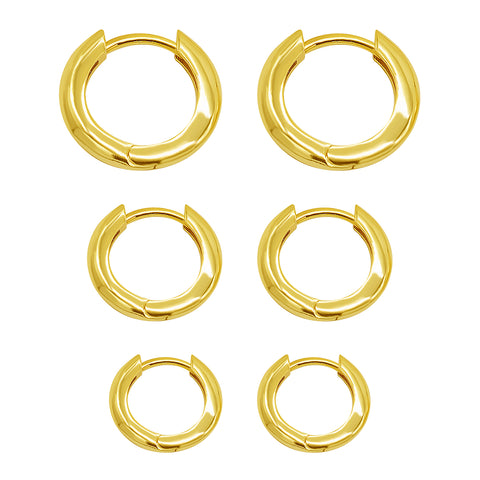 14K Gold Plated 3-Huggie Hoop Earrings Set