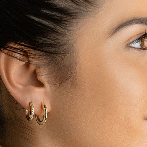 14k Gold Plated 3-Huggie Hoop Earrings Set With 1-Crystal Hoop