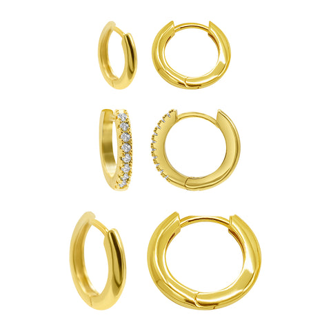 14K Gold Plated 3-Huggie Hoop Earrings Set With 1-Crystal Hoop