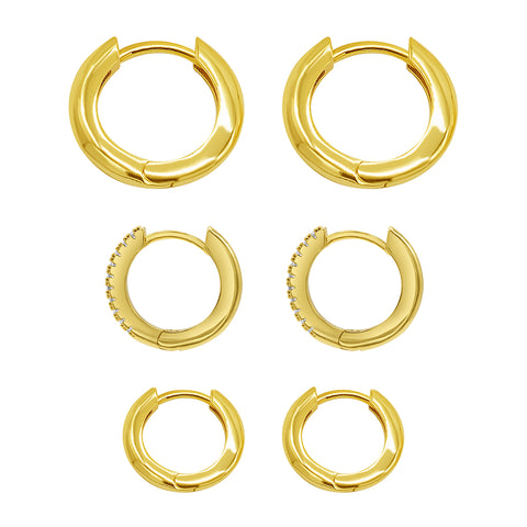 14k Gold Plated 3-Huggie Hoop Earrings Set With 1-Crystal Hoop