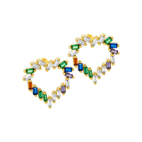 14k Gold Plated Rainbow Baguette Open Heart Studs Earrings