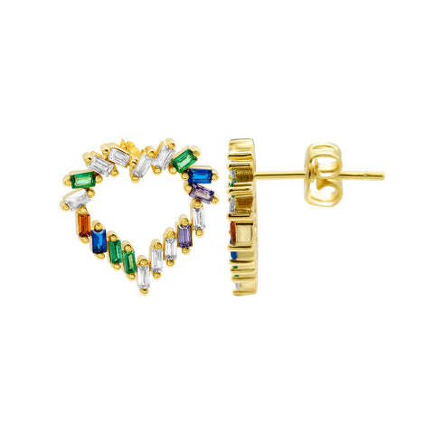 14k Gold Plated Rainbow Baguette Open Heart Studs Earrings