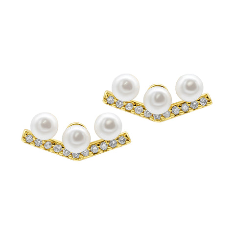 14K Gold Plated Crystal Pearl Bar V-Earrings