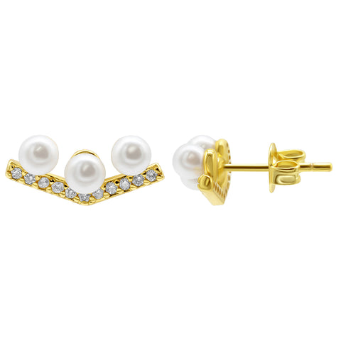 14K Gold Plated Crystal Pearl Bar V-Earrings