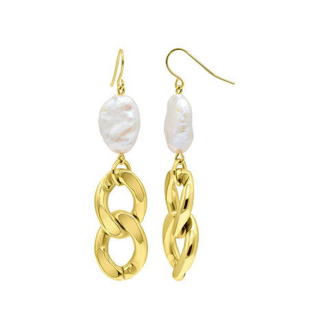 14K Gold Plated Freshwater Pearl Curb Chain Earrings