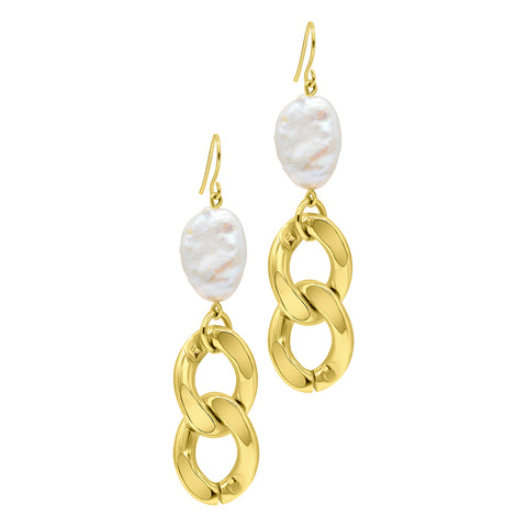 14K Gold Plated Freshwater Pearl Curb Chain Earrings