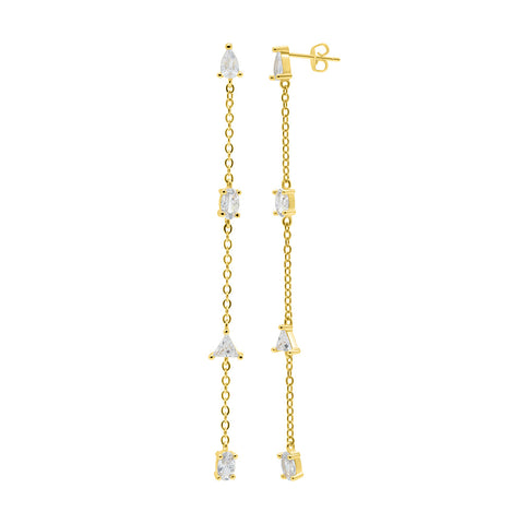 14k Gold Plated Chain Sweeper Earrings with Mixed Shape Stones