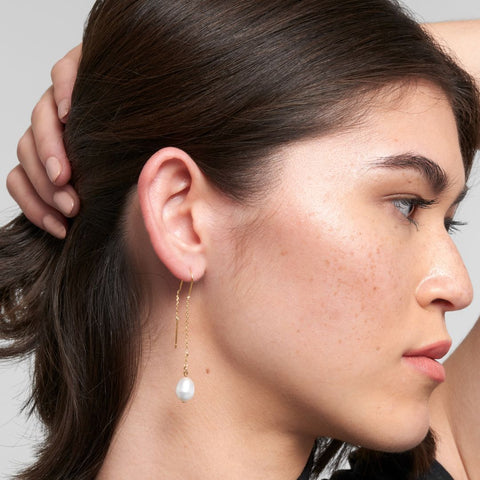 14k Gold Plated Threader Earrings with Freshwater Pearl