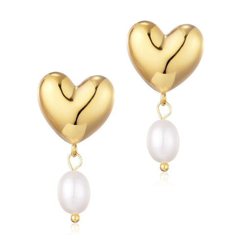 Tarnish Resistant Heart and Freshwater Pearl Drop Earrings