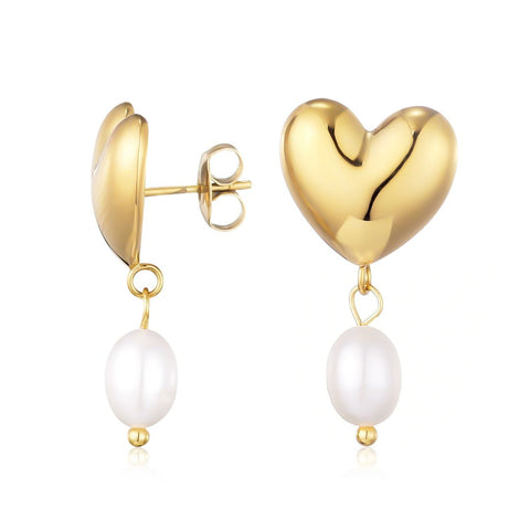 Tarnish Resistant Heart and Freshwater Pearl Drop Earrings