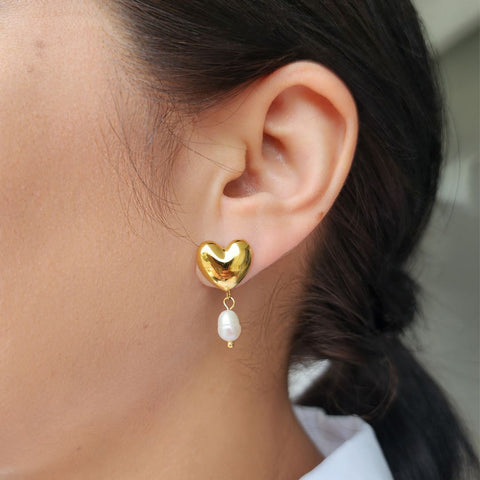 Tarnish Resistant Heart and Freshwater Pearl Drop Earrings