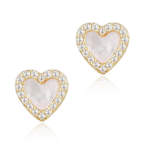 14k Gold Plated Mother of Pearl Mini Halo CZ Heart Studs
