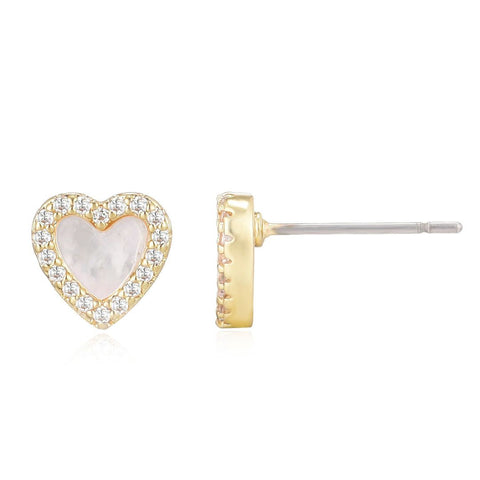 14k Gold Plated Mother of Pearl Mini Halo CZ Heart Studs