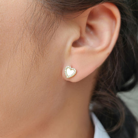 14k Gold Plated Mother of Pearl Mini Halo CZ Heart Studs