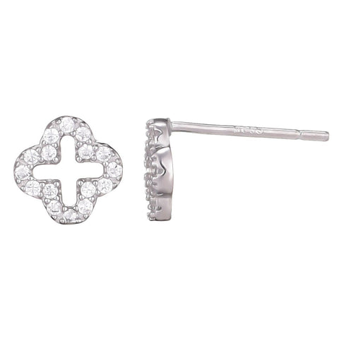 .925 Sterling Silver Mini Clover CZ Outline Studs