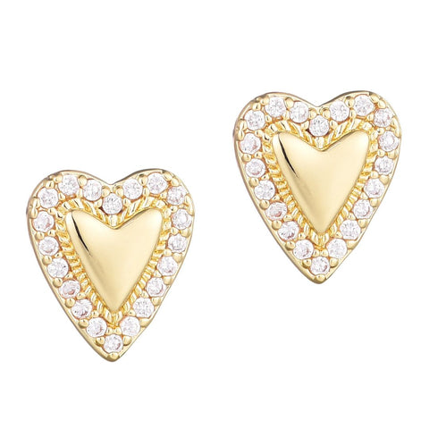 14k Gold Plated Puffy Mini Halo CZ Heart Stud Earrings