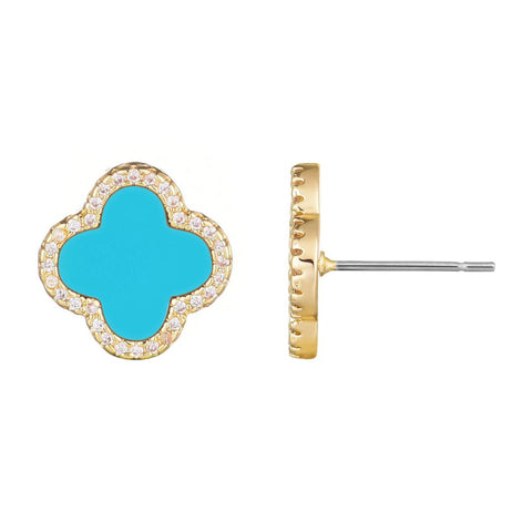 14k Gold Plated Turquoise Halo CZ Clover Stud Earrings