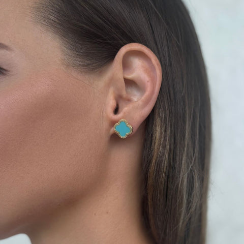 14k Gold Plated Turquoise Halo CZ Clover Stud Earrings