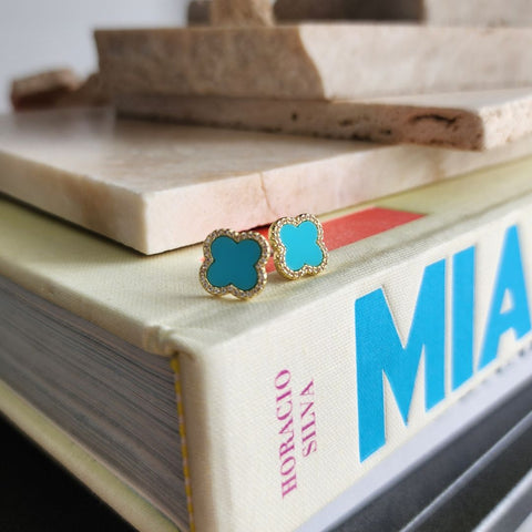 14k Gold Plated Turquoise Halo CZ Clover Stud Earrings
