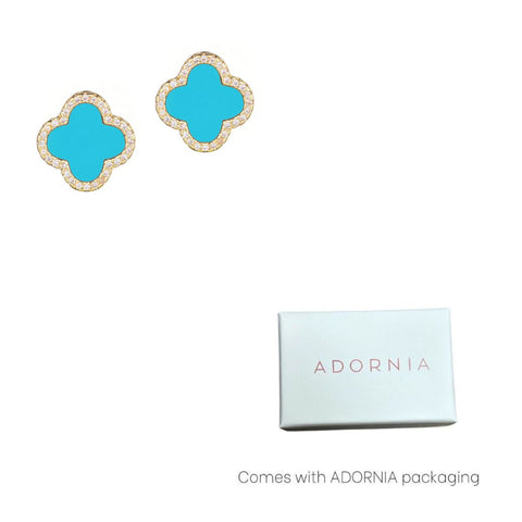 14k Gold Plated Turquoise Halo CZ Clover Stud Earrings