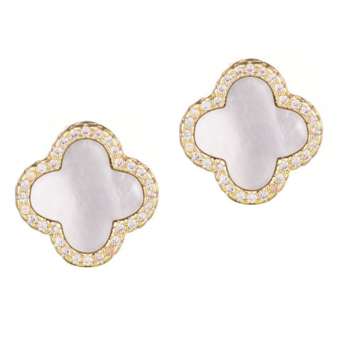 14k Gold Plated Mother of Pearl Halo CZ Clover Stud Earrings