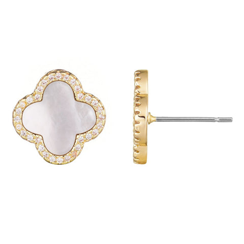 14k Gold Plated Mother of Pearl Halo CZ Clover Stud Earrings