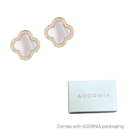14k Gold Plated Mother of Pearl Halo CZ Clover Stud Earrings