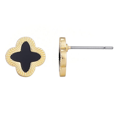 14k Gold Plated Fluted Edge Black Clover Stud Earrings