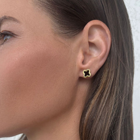 14k Gold Plated Fluted Edge Black Clover Stud Earrings