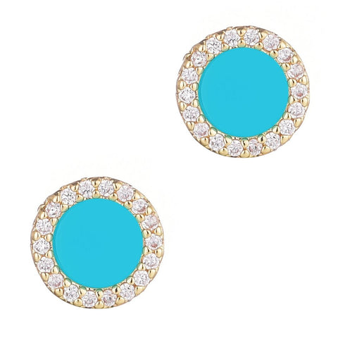 14k Yellow Gold Plated Turquoise Circle CZ Halo Stud Earrings
