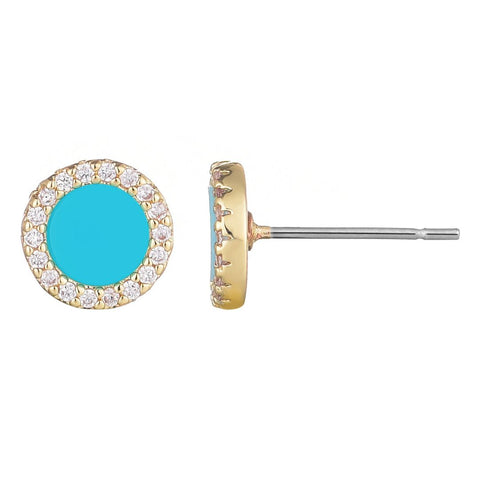 14k Yellow Gold Plated Turquoise Circle CZ Halo Stud Earrings