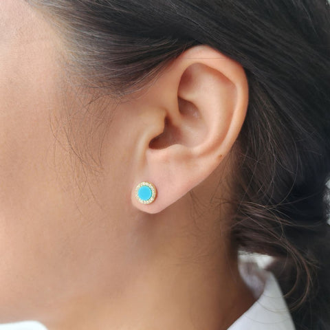14k Yellow Gold Plated Turquoise Circle CZ Halo Stud Earrings