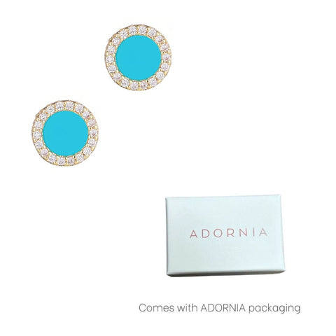 14k Yellow Gold Plated Turquoise Circle CZ Halo Stud Earrings